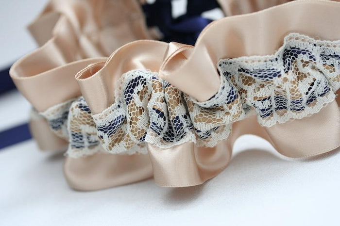 Custom Wedding Garter: Champagne and Navy Corset Tie