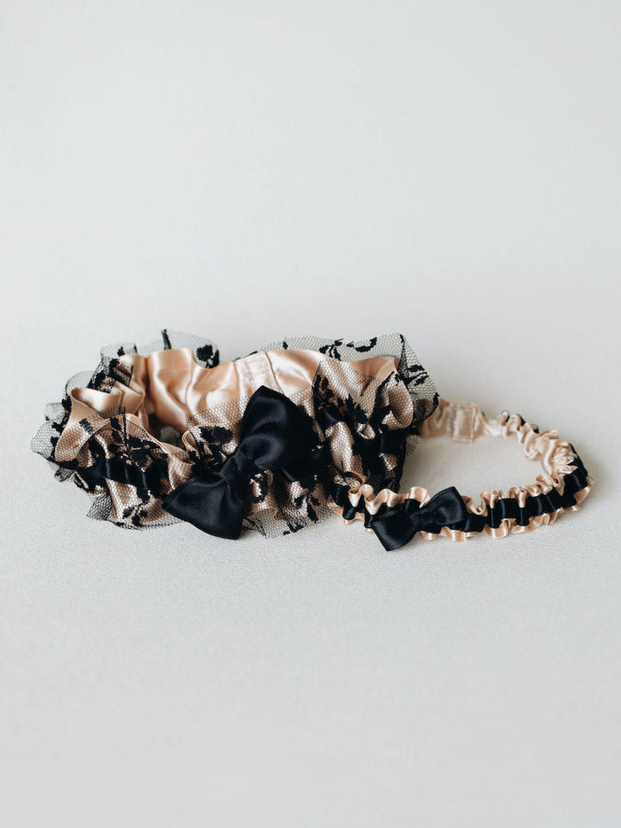 Champagne Satin Black Lace Personalized Embroidery Bridal Garter by The Garter Girl