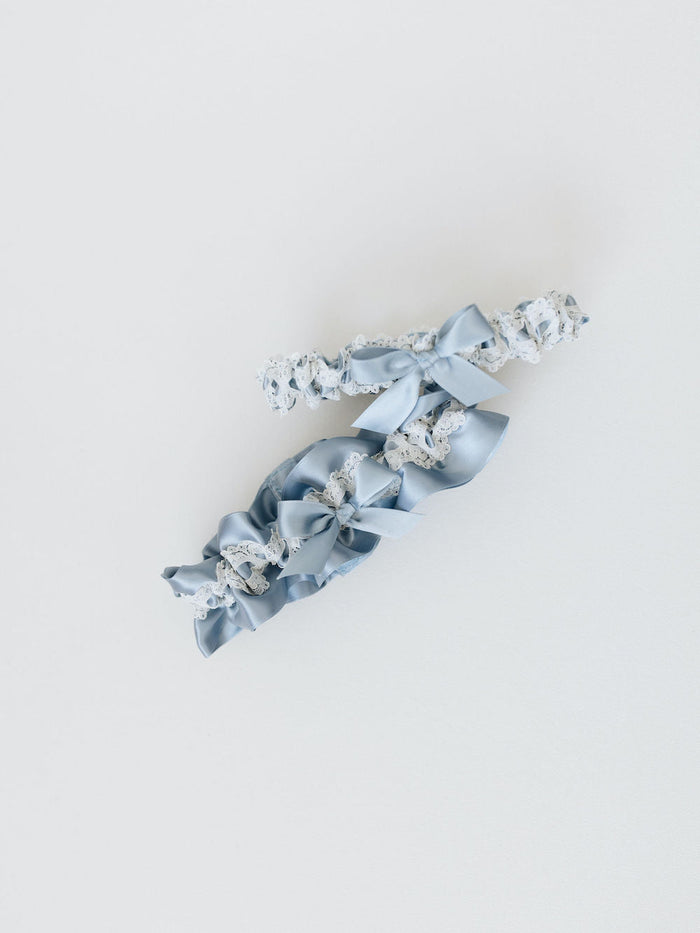 custom wedding garter set with something blue satin & ivory lace handmade by expert wedding accessories designer, The Garter Girl