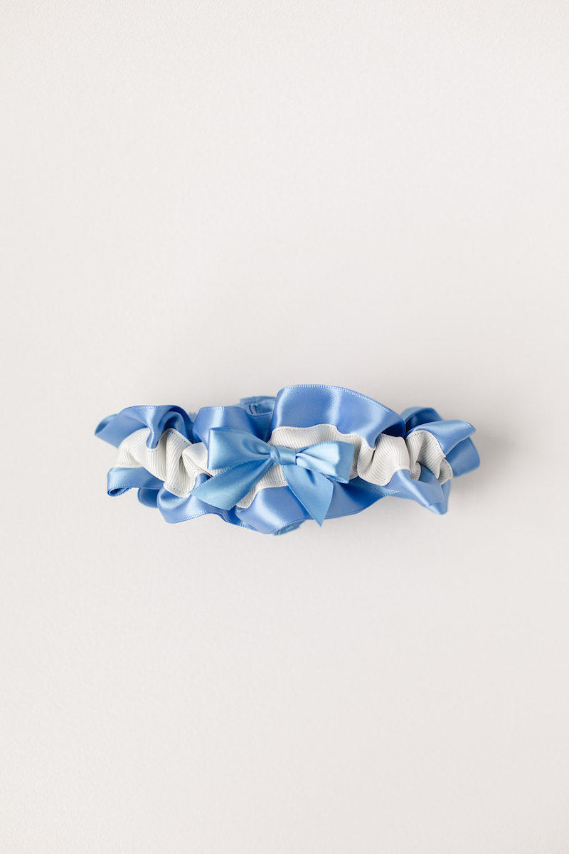 custom wedding garter with cornflower blue and ivory