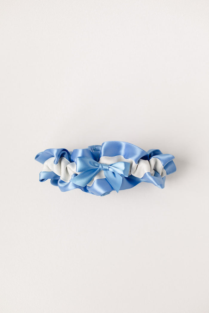 custom wedding garter with cornflower blue and ivory