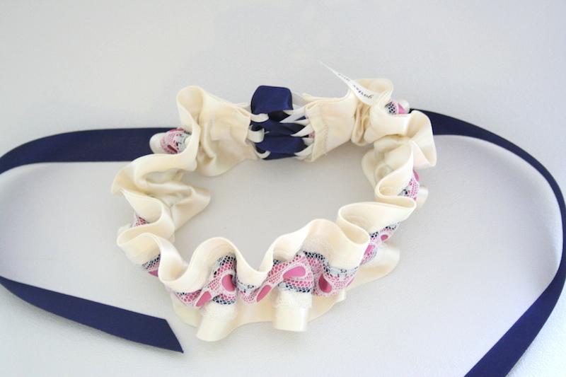 Ivory, Pink and Navy Blue Vintage Lace Garter