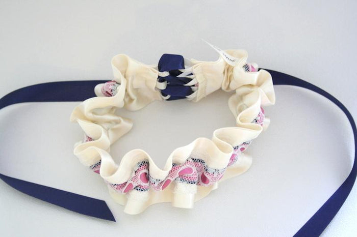 Ivory, Pink and Navy Blue Vintage Lace Garter