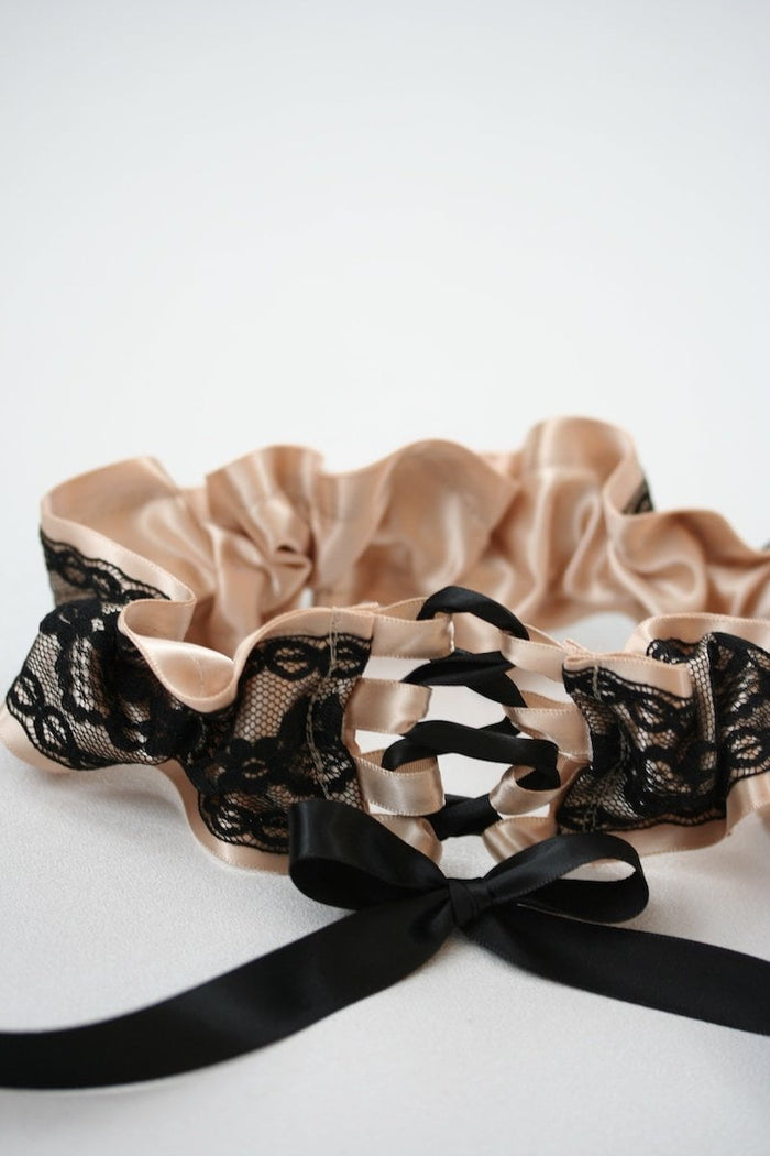 Custom Garter Spotlight: Champagne Satin and Black Lace Corset Tie