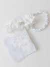 custom wedding garter set and lace handkerchief heirlooms with sparkle and tulle material from bride's wedding dress handmade by The Garter Girl