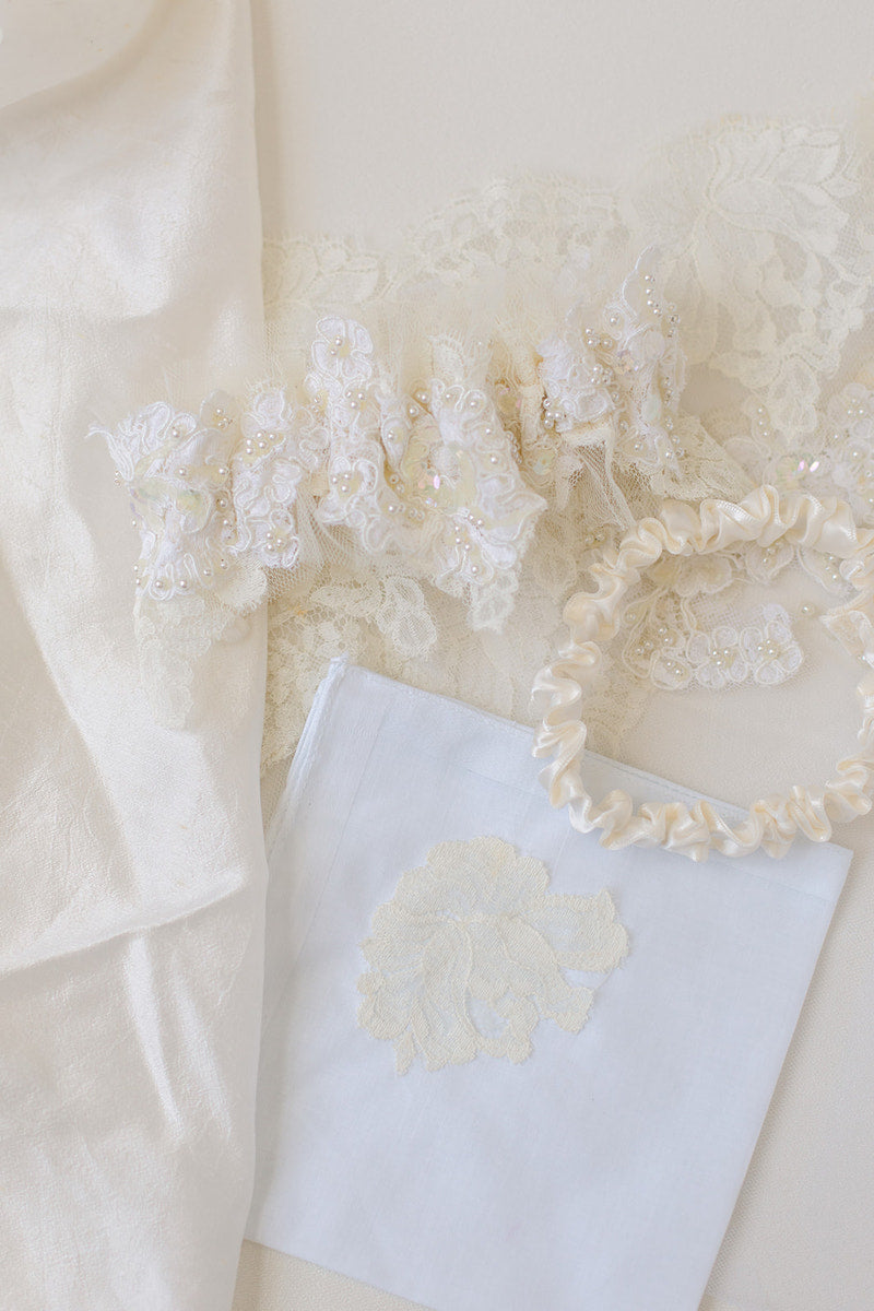 bridal garter and handkerchief made from mother dress and grandmother veil by The Garter Girl