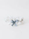 custom wedding garter heirloom with dusty blue ribbon with pearls, lace, and tulle from mom's wedding dress handmade by The Garter Girl
