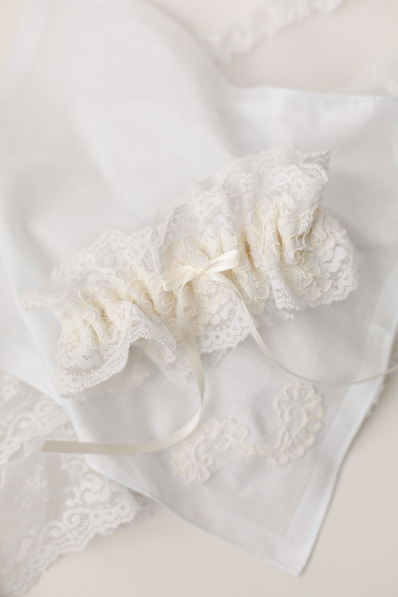 custom garter and hanky made from mother's wedding dress