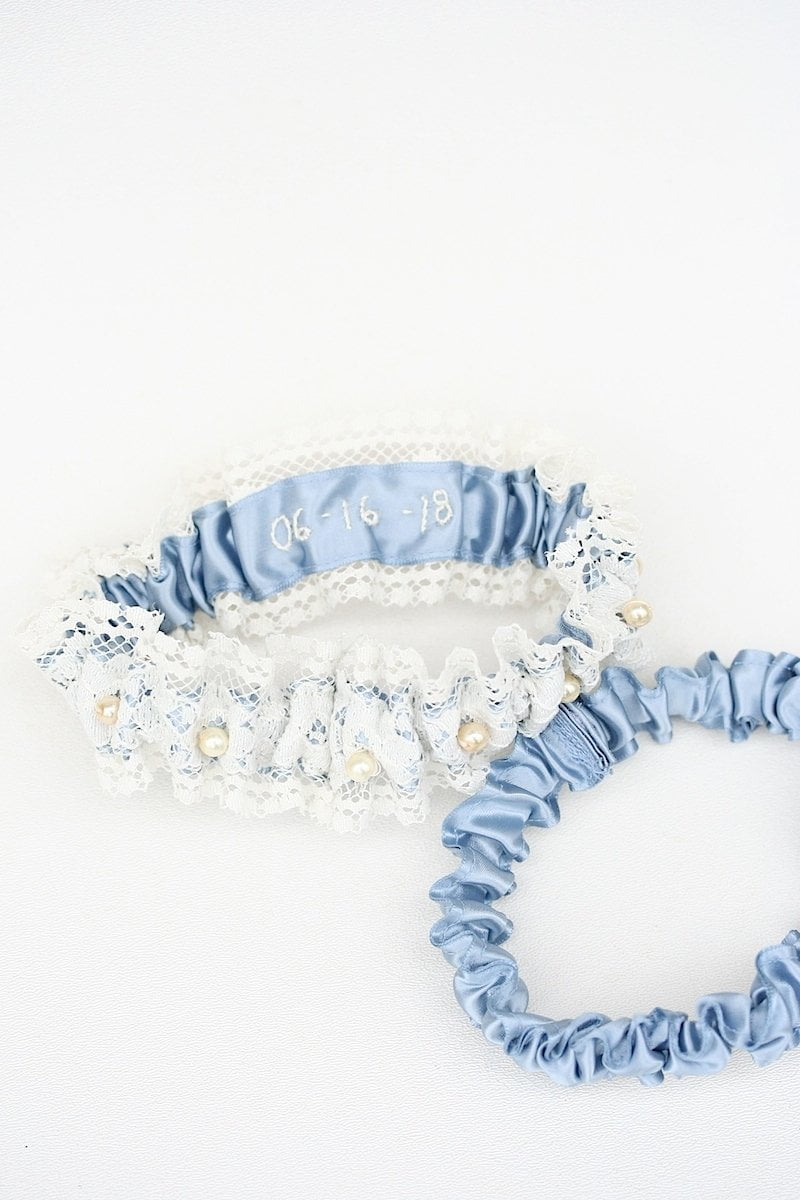 Garter Set: Embroidered Wedding Date, Blue, Vintage Lace and Pearls