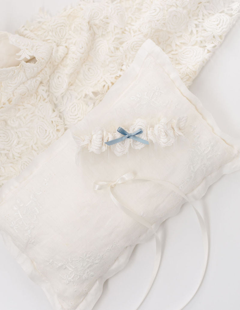 custom wedding garter and ring pillow made from mother's dress and grandmother's handkerchief