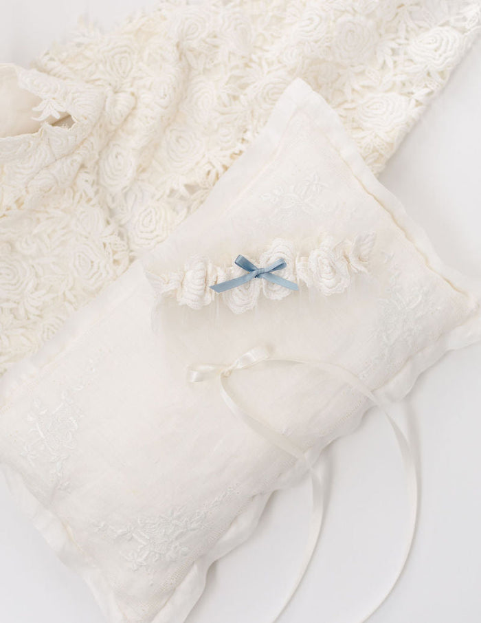 custom wedding garter and ring pillow made from mother's dress and grandmother's handkerchief