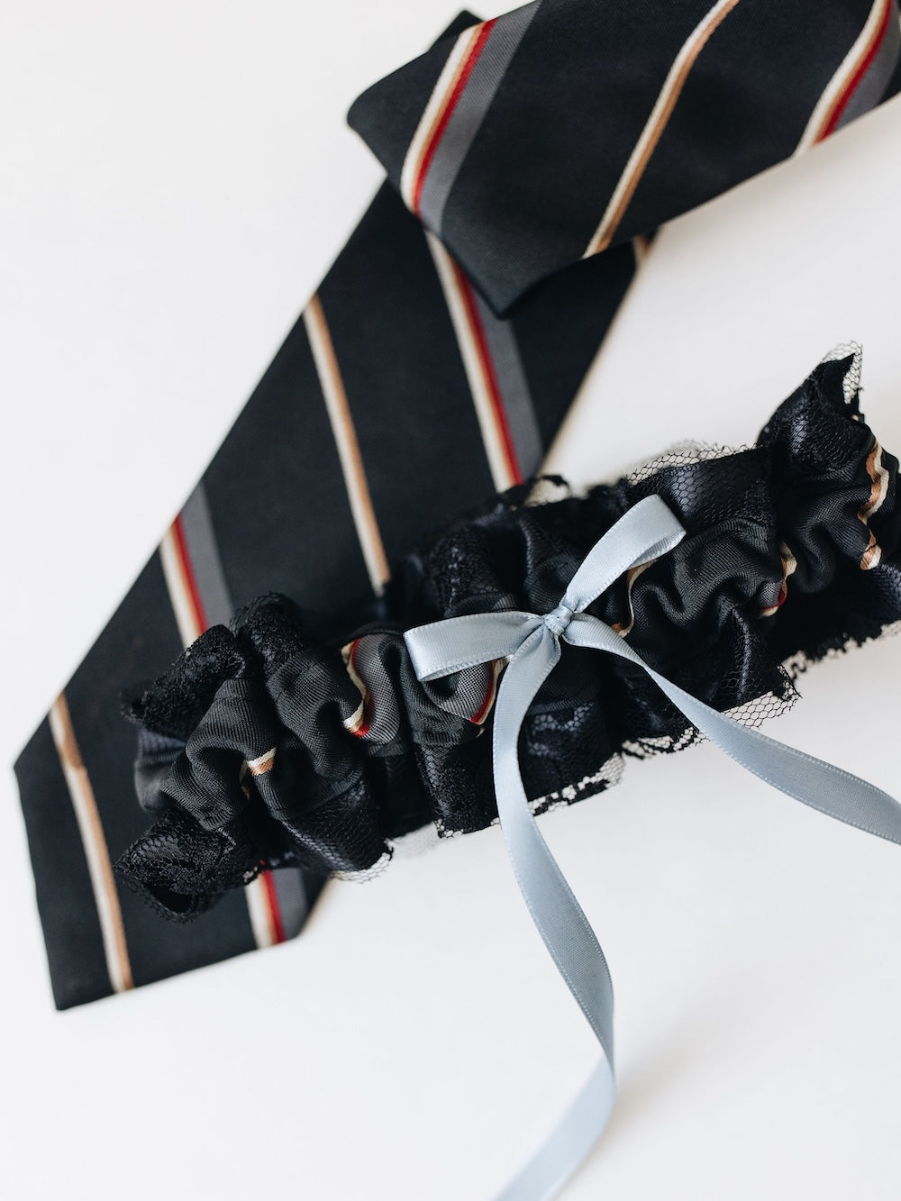 designer wedding garter heirloom with black lace handmade from dad's necktie handmade by The Garter Girl