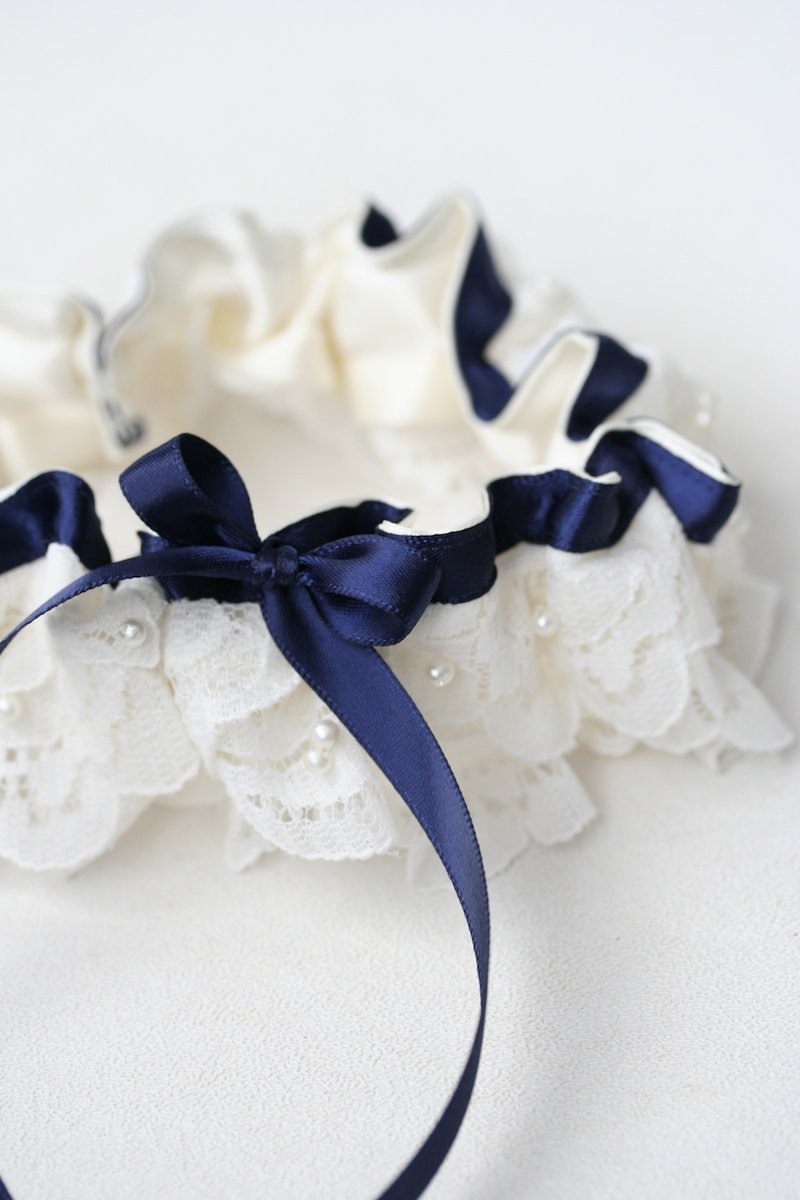 GARTER: LACE FROM MOTHER'S WEDDING DRESS & NAVY BLUE WITH WEDDING DATE