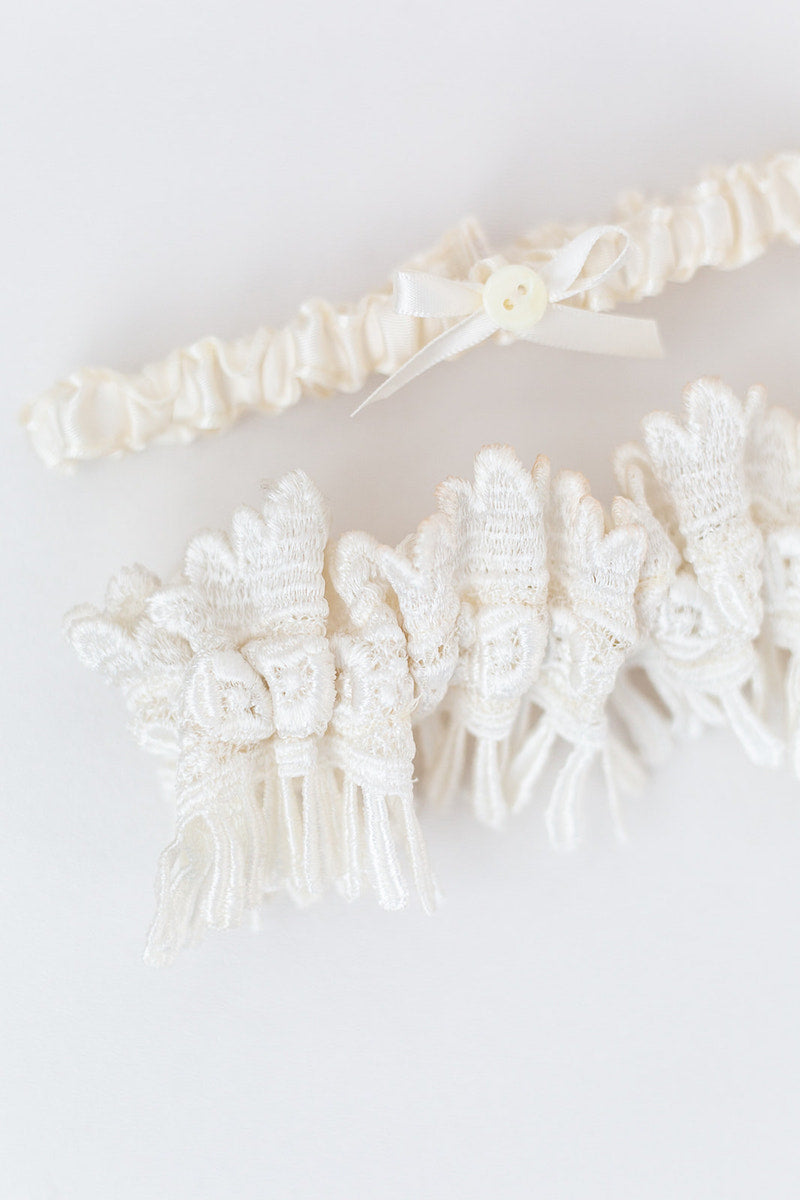 custom wedding garter set made from mother's dress with personalization on inside