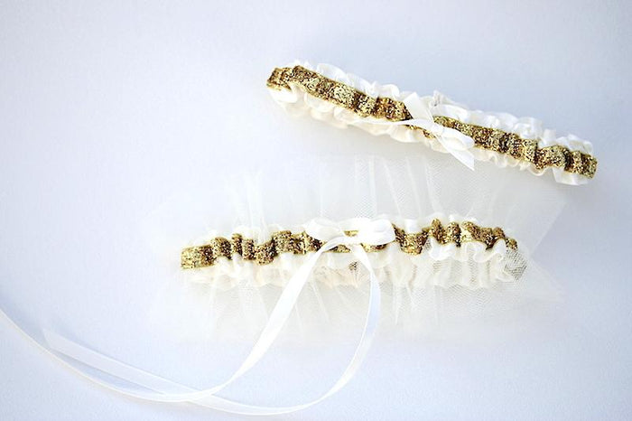 Garter Set: Gold Glitter & Ivory Tulle