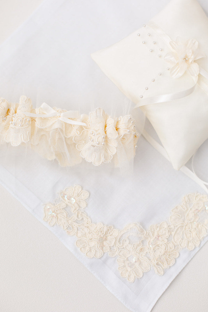 custom ring pillow, hankie and garter made from mom's wedding dress