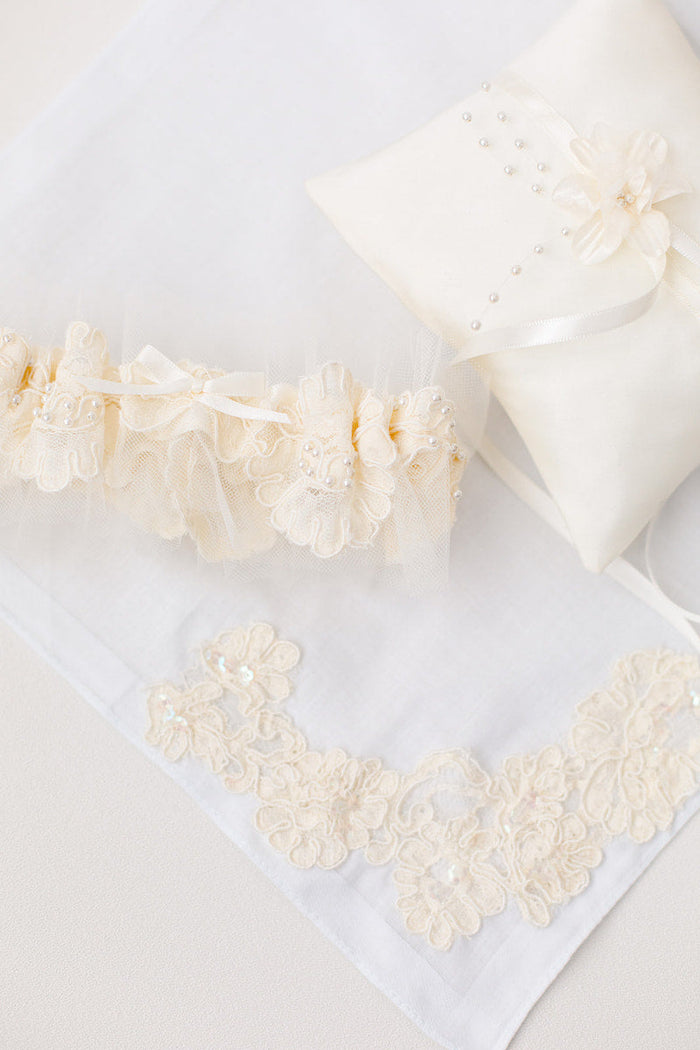 custom ring pillow, hankie and garter made from mom's wedding dress