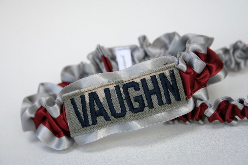 Custom Wedding Garter: Military Name Tape + Gray and Maroon
