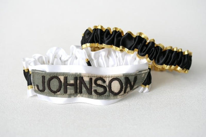 Custom Military Wedding Garter: White, Black and Gold