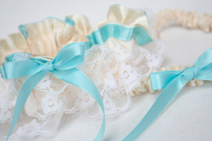 Custom Wedding Garter: Ivory Lace and Soft Turquoise