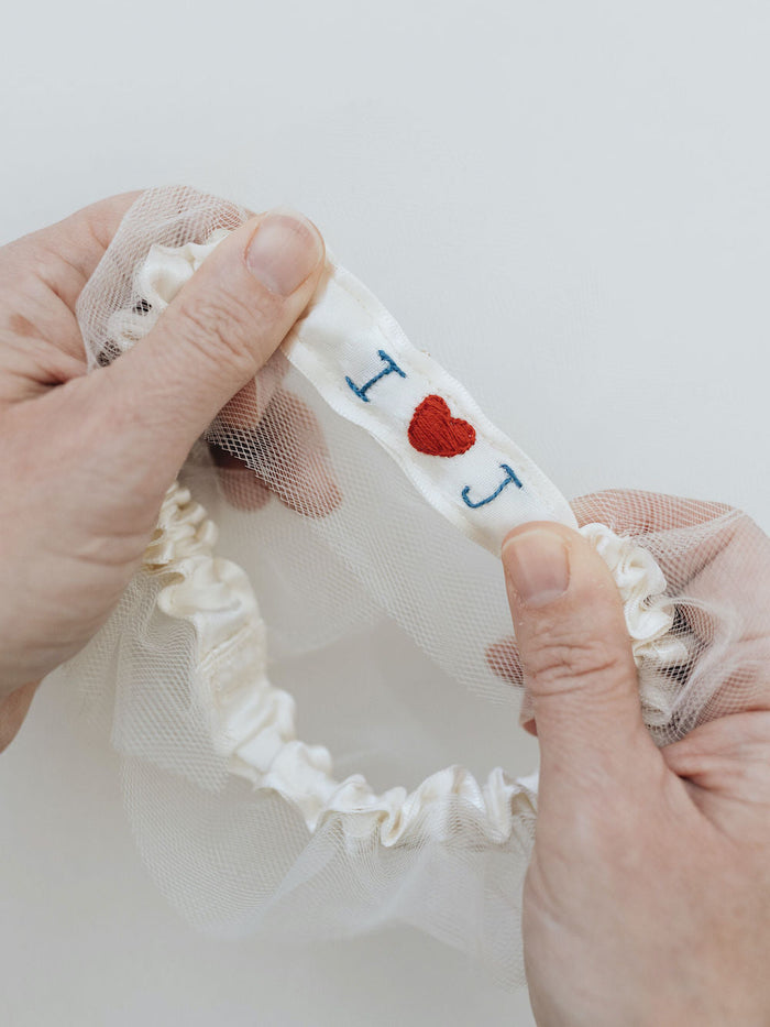 personalized wedding garter with sparkle and tulle handmade by heirloom bridal accessory designer, The Garter Girl