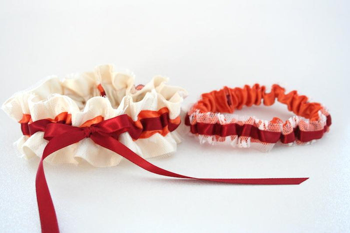Ivory Lace, Orange and Maroon Garter Set