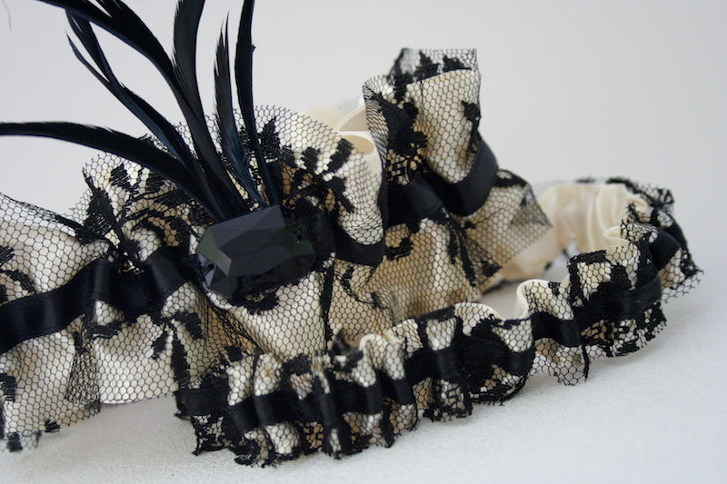 Ivory and Black Lace Feathered Garter Set