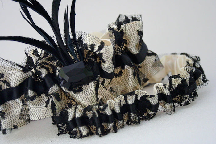 Ivory and Black Lace Feathered Garter Set