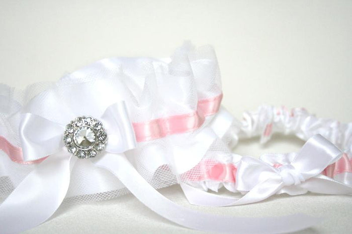 White Lace and Pink Sparkle Garter Set