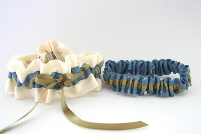 Ivory, Blue and Gold Garter Set
