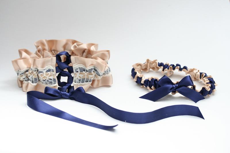 Champagne, Navy Corset Tie and Lace Embroidered Garter Set