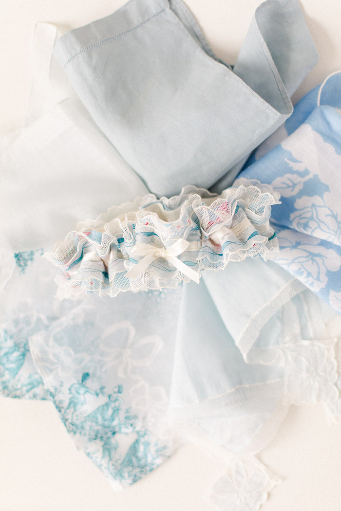 custom garter made from grandmother's handkerchiefs
