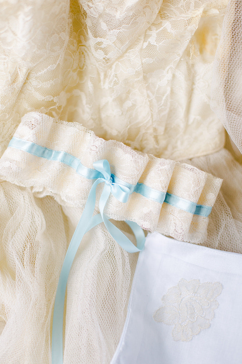 custom wedding garter and handkerchief made from bride's mother's wedding dress