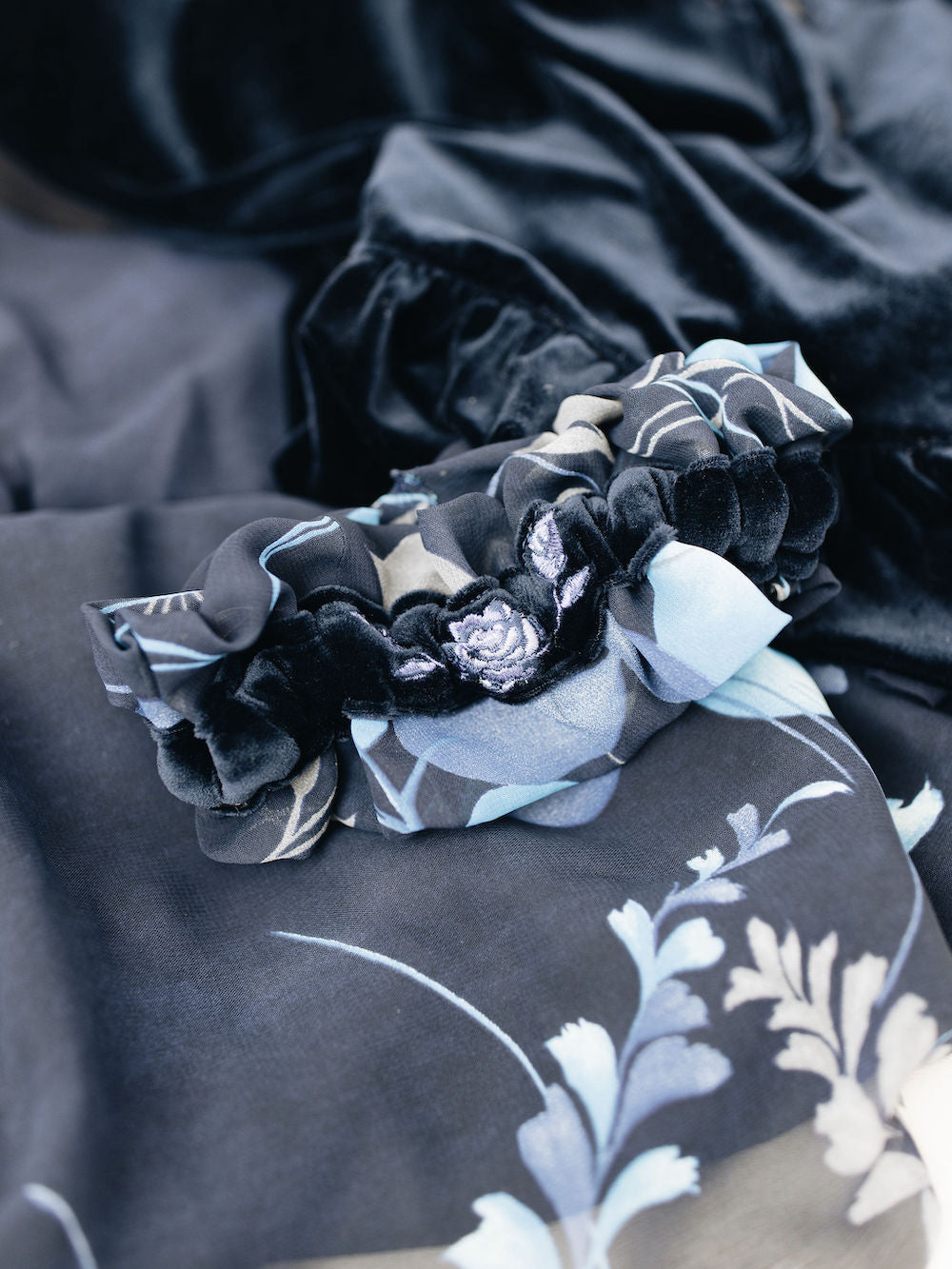 wedding garter with blue velvet and floral details from Mom's wedding dress with personalized embroidery - a handmade wedding heirloom by The Garter Girl