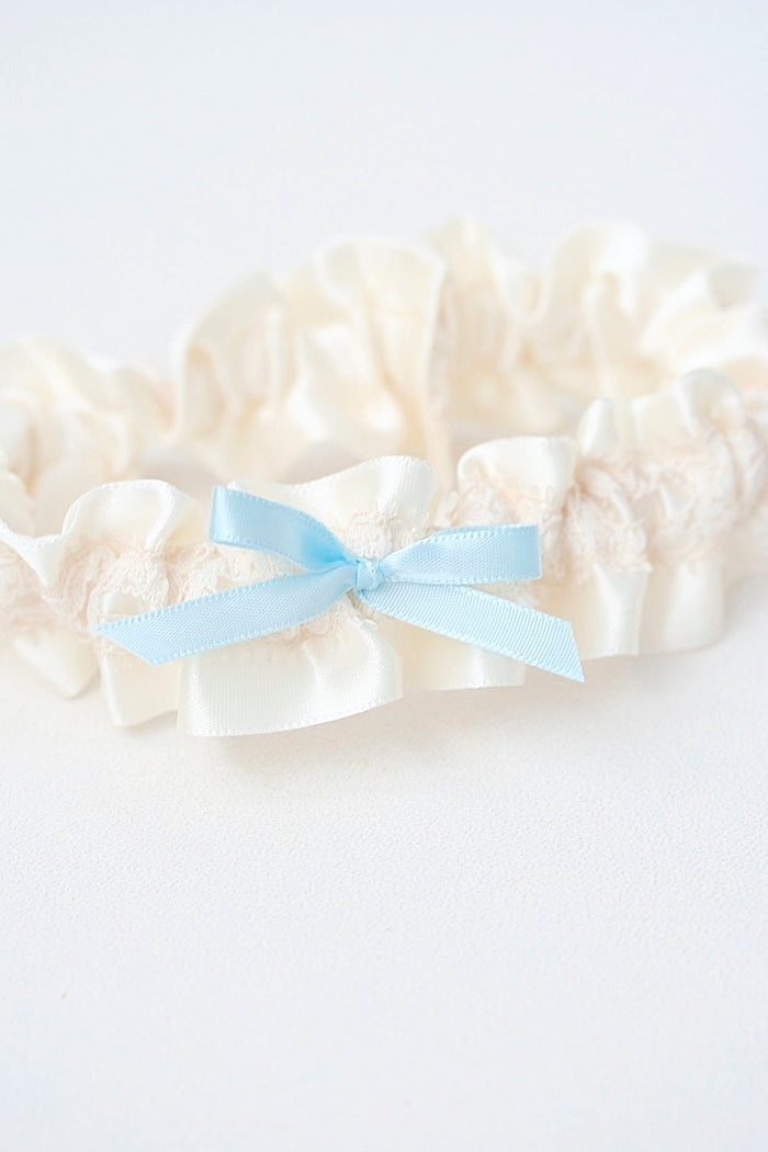 Garter: Ivory Satin and Lace with Blue Satin Bow