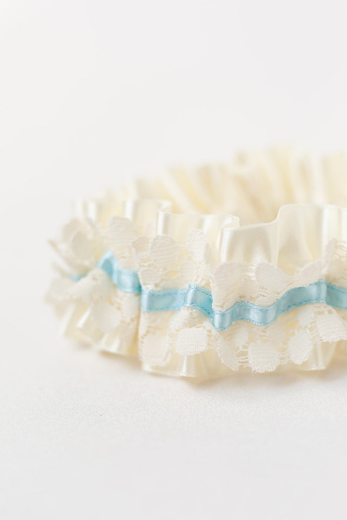 custom wedding garter with light blue and ivory polka dot lace
