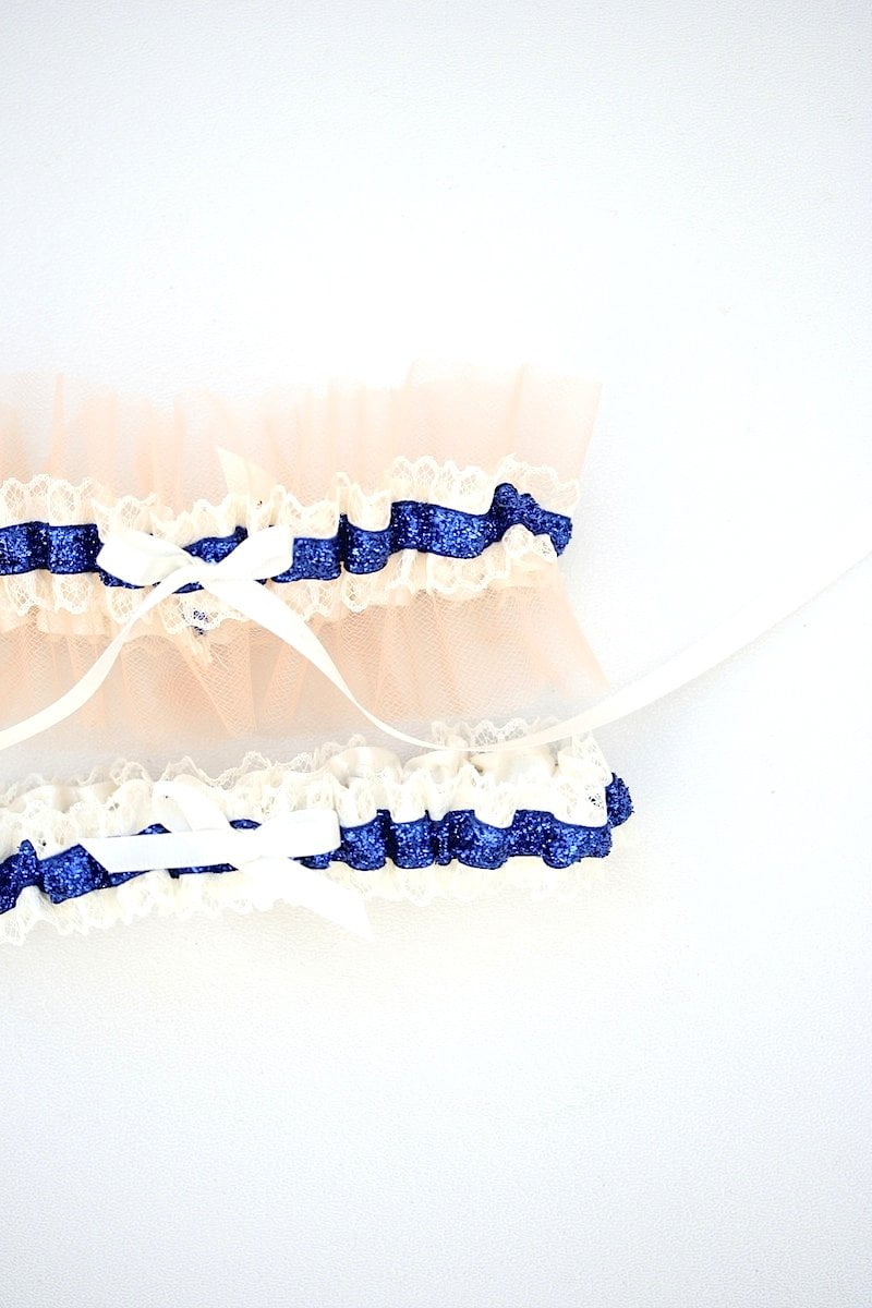 Navy Glitter, Lace & Peach Tulle Garter Set