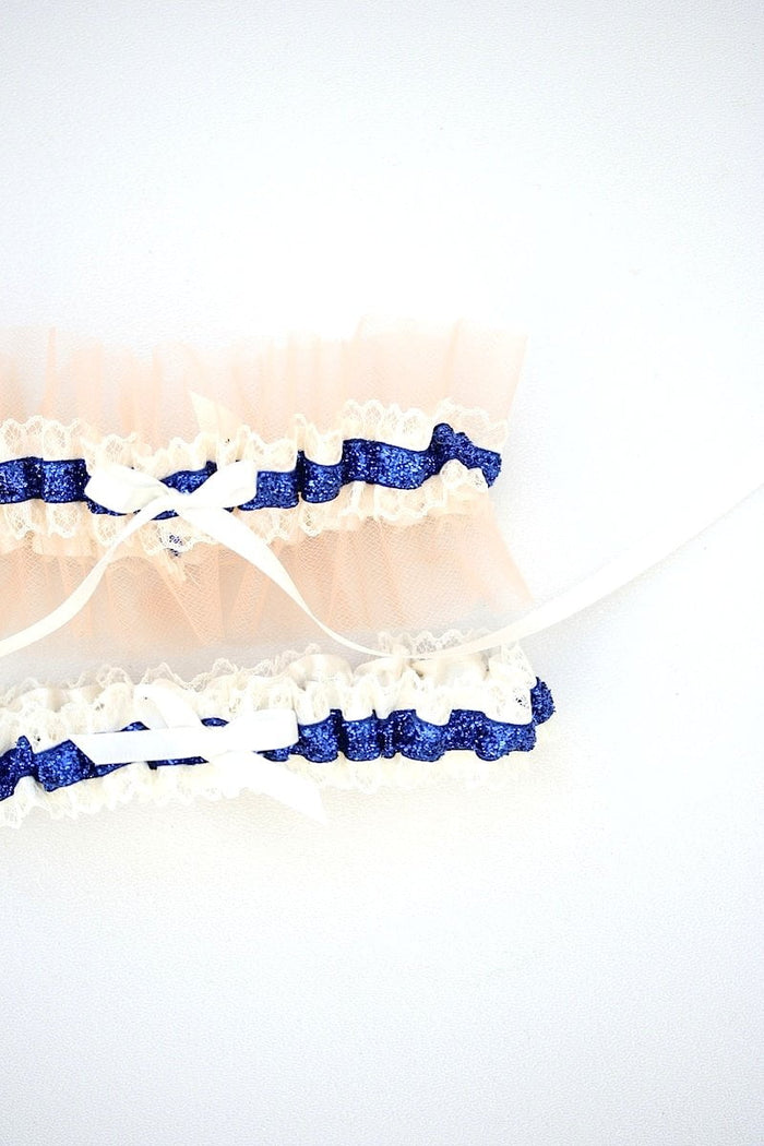Navy Glitter, Lace & Peach Tulle Garter Set