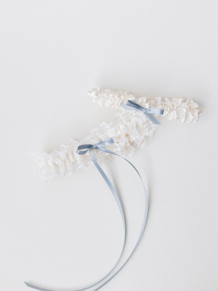 custom personalized wedding garter heirloom set with beautiful ivory lace handmade by The Garter Girl