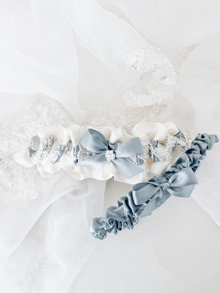 Garter Set: Made with Mom's Wedding Dress Lace & Pearls with Embroidery
