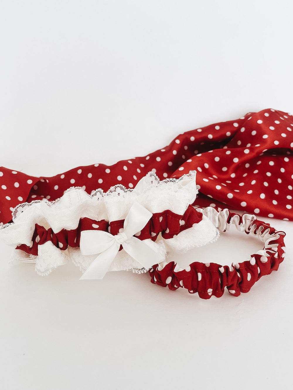 Garter Set: Ivory Satin & Red Polka Dot Fabric