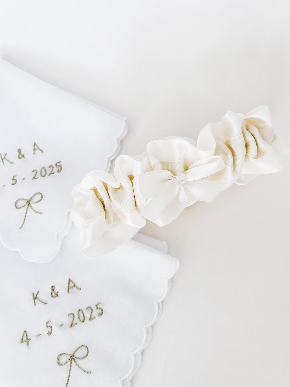 Modern Personalized Wedding Garter with Embroidered Initials and Wedding Date plus Custom Wedding Handkerchiefs for Spring Wedding handmade by top wedding heirloom design expert, The Garter Girl