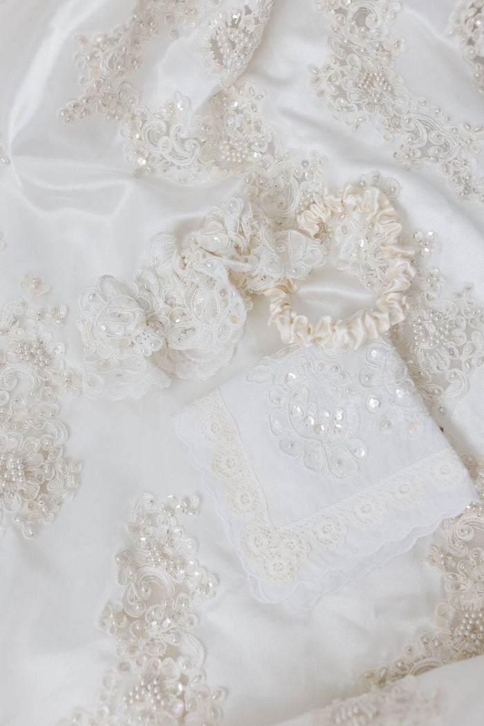 wedding garter heirloom set with ivory lace main garter and ivory satin tossing garter and custom handkerchief made from mom's wedding dress and grandmother's wedding dress lace handmade by The Garter Girl