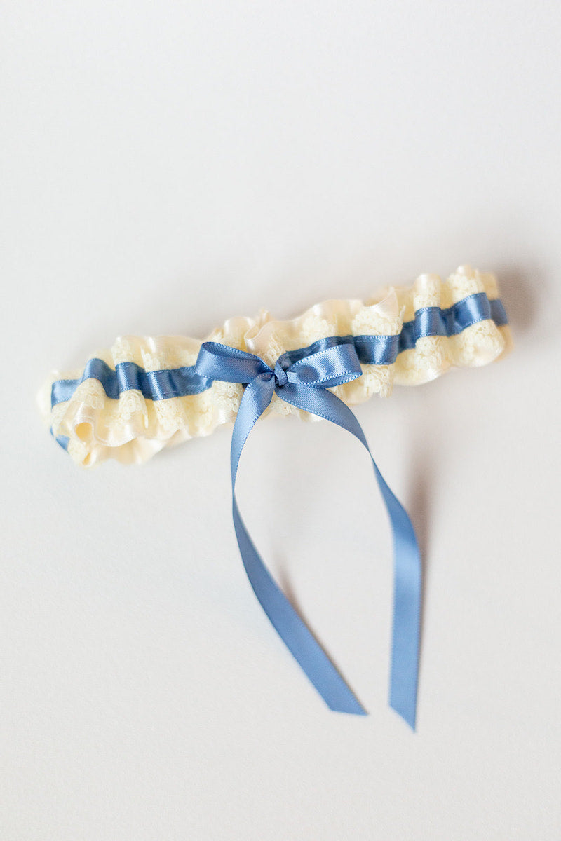 Garter: Dark Dusty Blue and Ivory Lace Ruffles