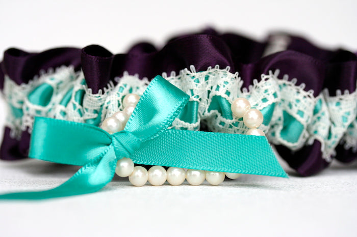 Custom Wedding Garter: Deep Plum with Turquoise, Lace and Pearls