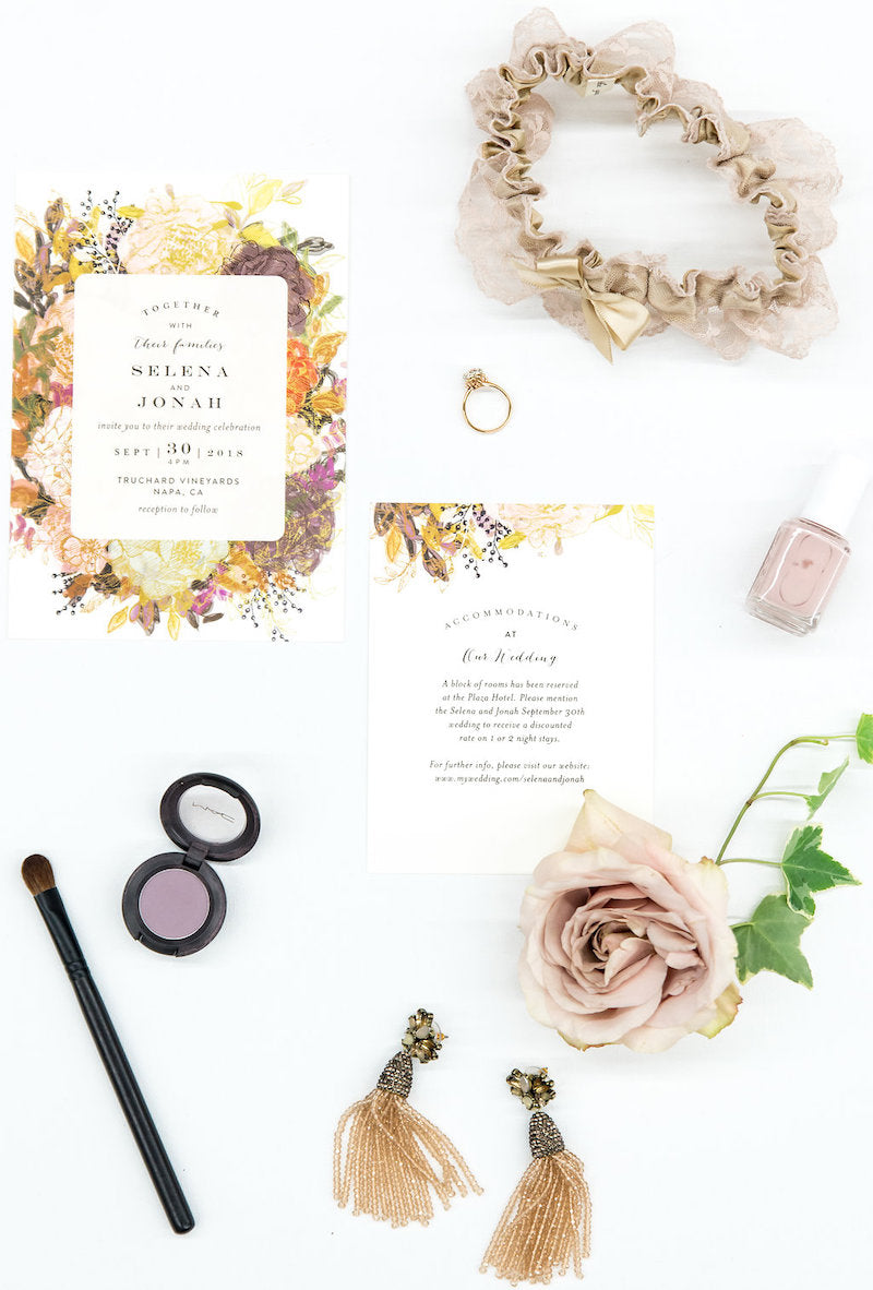 accessories for the bride, invitation, makeup and lace garter
