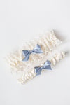 custom wedding garter set with dusty blue and ivory