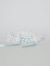 feminine wedding garter with lace and light blue satin and personalized hand embroidery by bridal accessories designer, The Garter Girl
