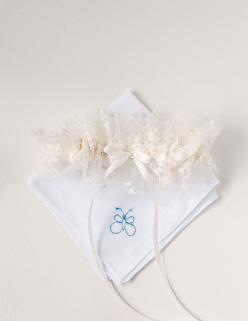 personalized wedding garter set and handkerchief with custom butterfly embroidery