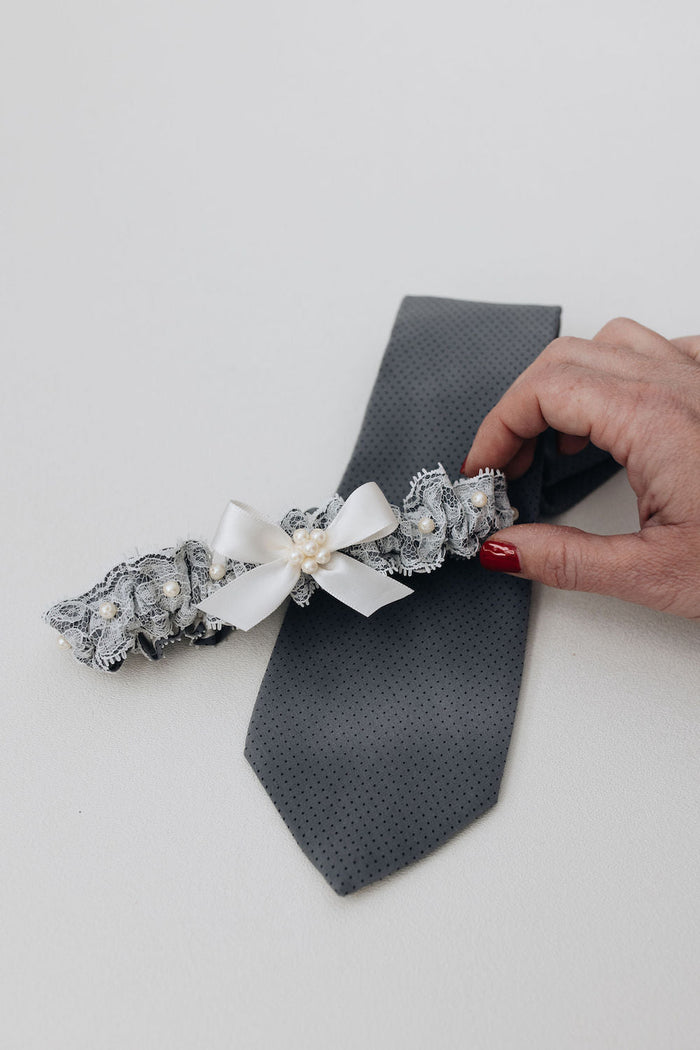 wedding garter with gray satin from bride's father's tie, ivory lace, and pearls - a handmade wedding heirloom by The Garter Girl